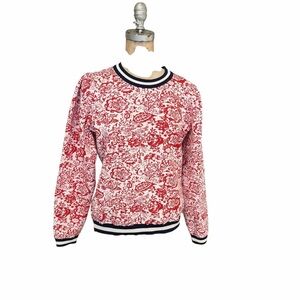 Savida Red and Cream Floral Puff Sleeve Knit Sweater Size M New NWOT Preppy